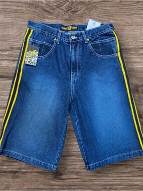 Women's Blue Denim Jean Shorts with Yellow Side Stripe vintage nwt 90s